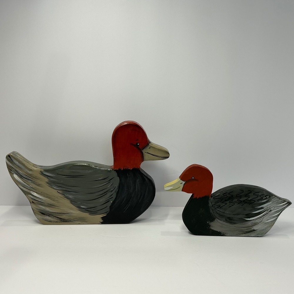 Vintage Hand Painted Wooden Duck Figurine Set 2 Red Head Grey Rustic Folk Art